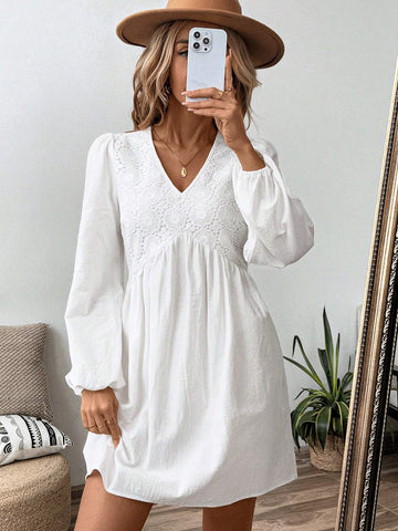 Women Lace Patchwork Long Sleeve Casual Mini Dress