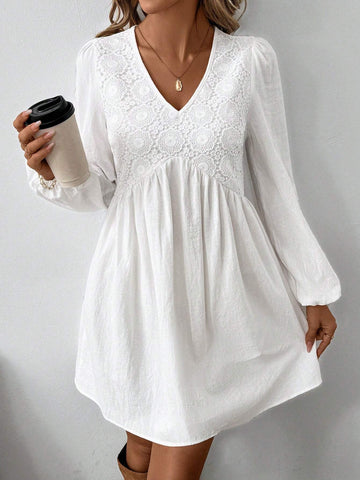 Women Lace Patchwork Long Sleeve Casual Mini Dress