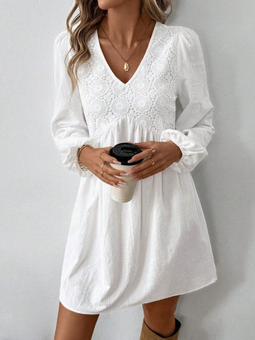 Women Lace Patchwork Long Sleeve Casual Mini Dress