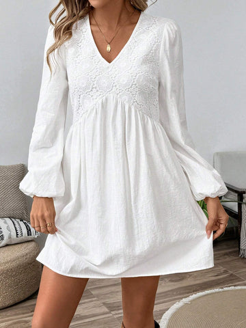 Women Lace Patchwork Long Sleeve Casual Mini Dress