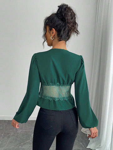 LUNE Women Lace Trim Low Collar Long Sleeve Blouse