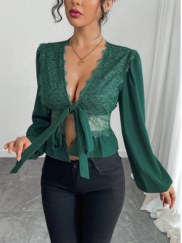 LUNE Women Lace Trim Low Collar Long Sleeve Blouse