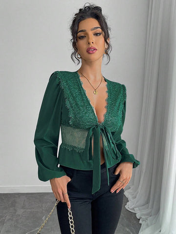 LUNE Women Lace Trim Low Collar Long Sleeve Blouse