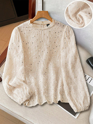 LUNE Women Laser Cut Beaded Collar Lace Trim Long Sleeve Blouse