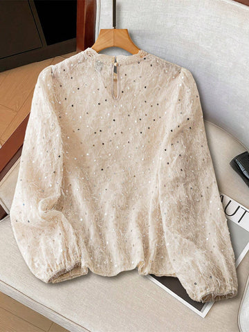 LUNE Women Laser Cut Beaded Collar Lace Trim Long Sleeve Blouse