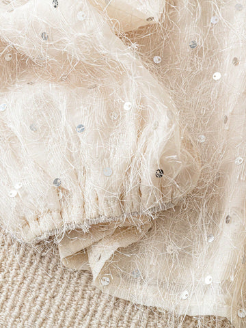 LUNE Women Laser Cut Beaded Collar Lace Trim Long Sleeve Blouse