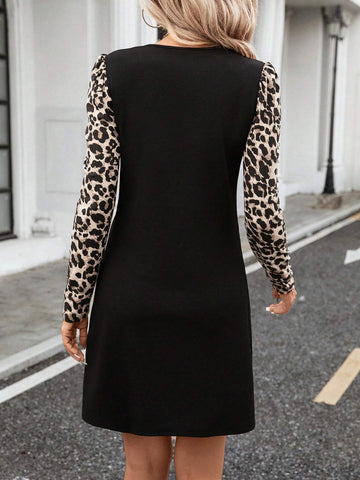 Women Leopard Print Lantern Sleeve Black Dress, Autumn