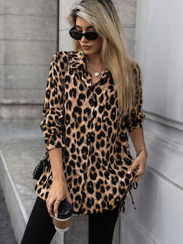 LUNE Women Leopard Print Long Sleeve Button-Front Casual Shirt With Pockets, Autumn