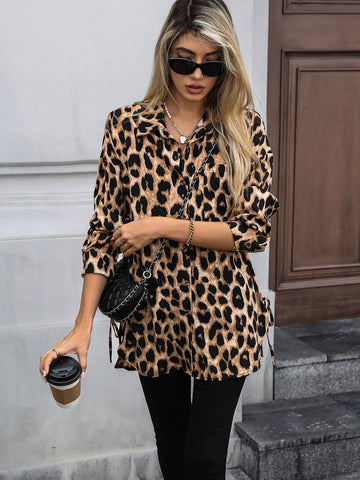 LUNE Women Leopard Print Long Sleeve Button-Front Casual Shirt With Pockets, Autumn