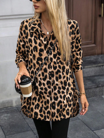 LUNE Women Leopard Print Long Sleeve Button-Front Casual Shirt With Pockets, Autumn