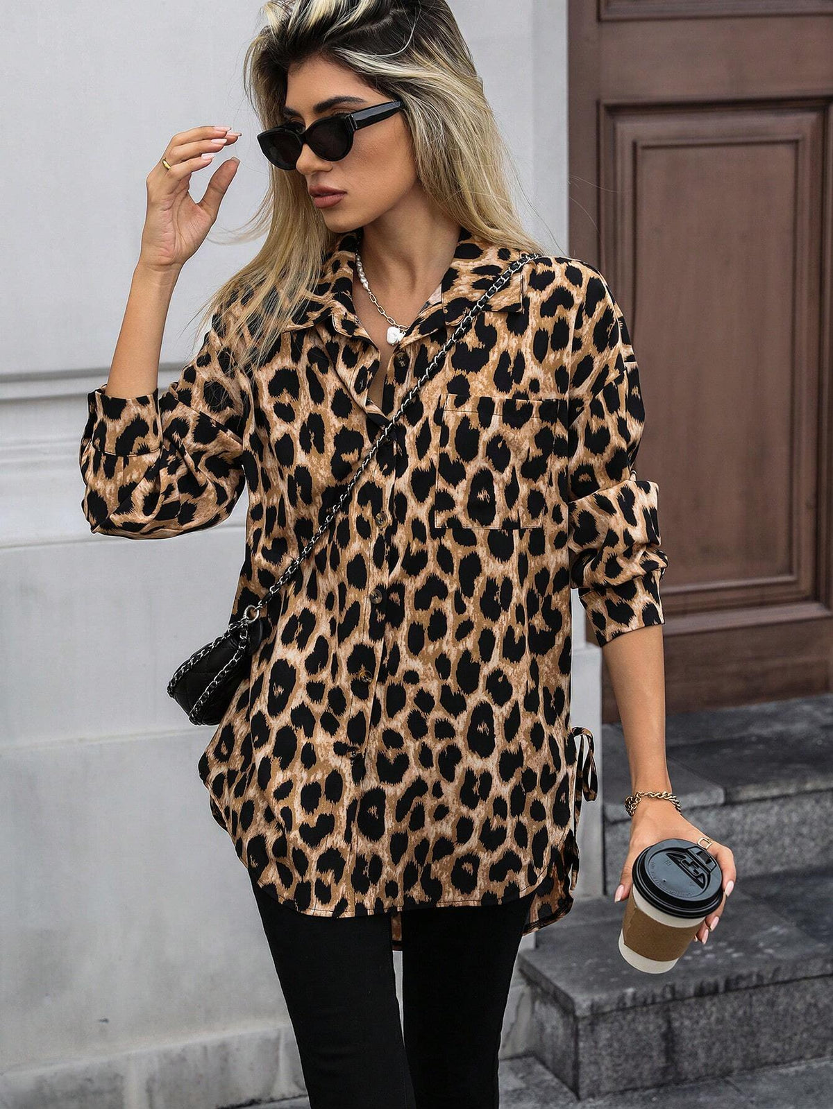 LUNE Women Leopard Print Long Sleeve Button-Front Casual Shirt With Pockets, Autumn