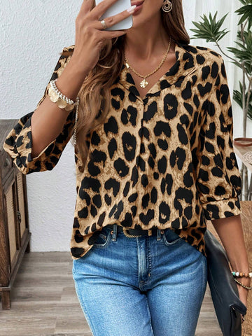 LUNE Women Leopard Print Long Sleeve Button Down Casual Shirt