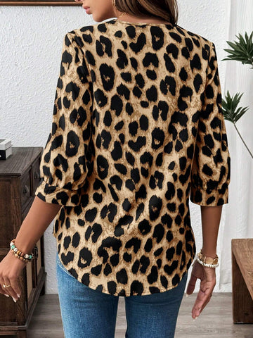 LUNE Women Leopard Print Long Sleeve Button Down Casual Shirt
