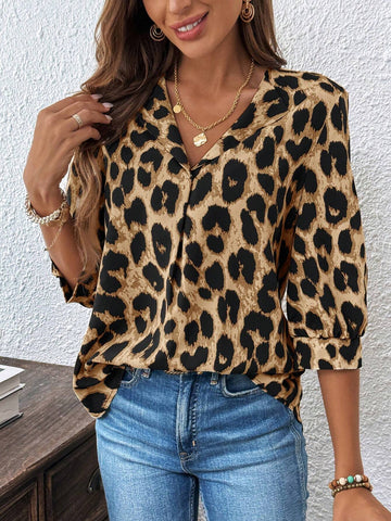 LUNE Women Leopard Print Long Sleeve Button Down Casual Shirt