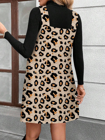 Women Leopard Print Rhinestone Casual Mini Dress, Suitable For Autumn/Winter