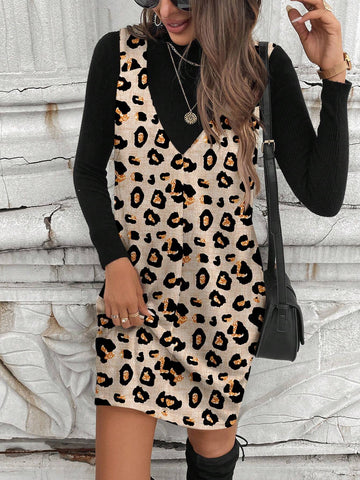Women Leopard Print Rhinestone Casual Mini Dress, Suitable For Autumn/Winter