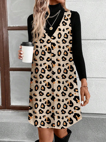 Women Leopard Print Rhinestone Casual Mini Dress, Suitable For Autumn/Winter