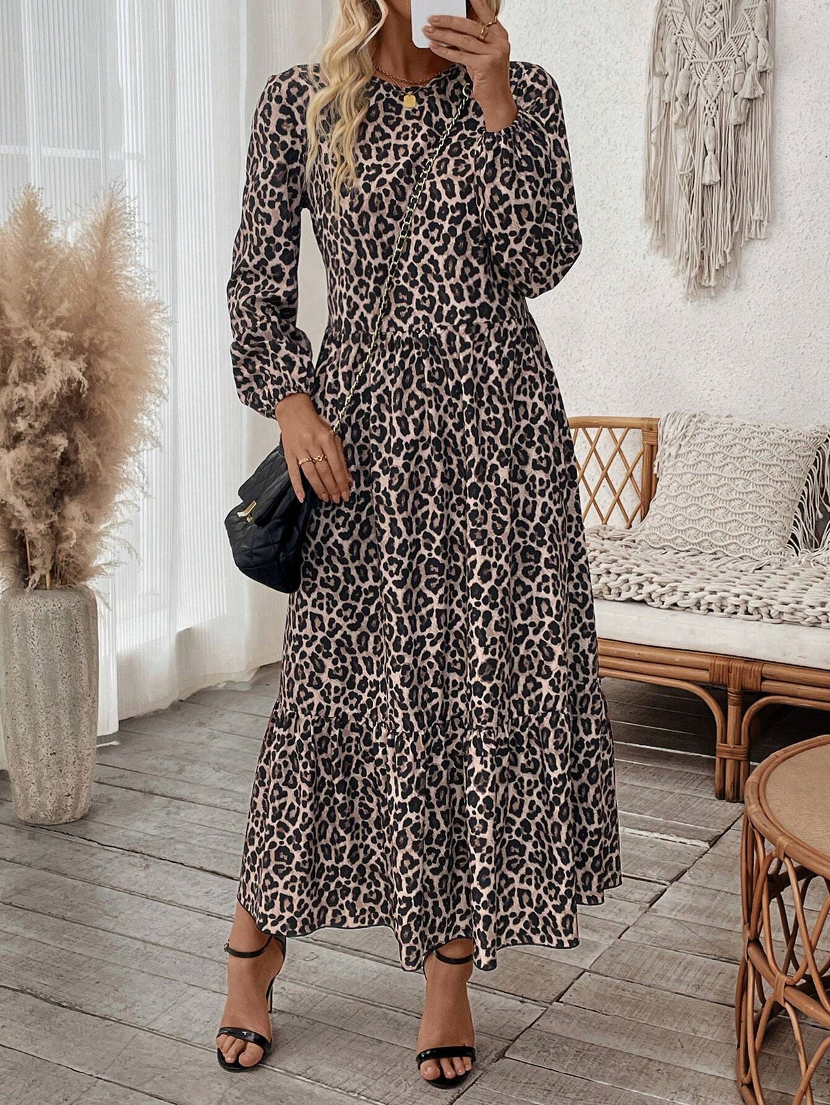 Women Leopard Print Round Neck Lantern Sleeve Ruffle Hem Dress, Spring Summer