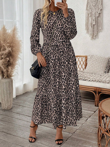Women Leopard Print Round Neck Lantern Sleeve Ruffle Hem Dress, Spring Summer