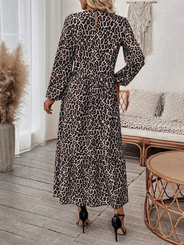 Women Leopard Print Round Neck Lantern Sleeve Ruffle Hem Dress, Spring Summer
