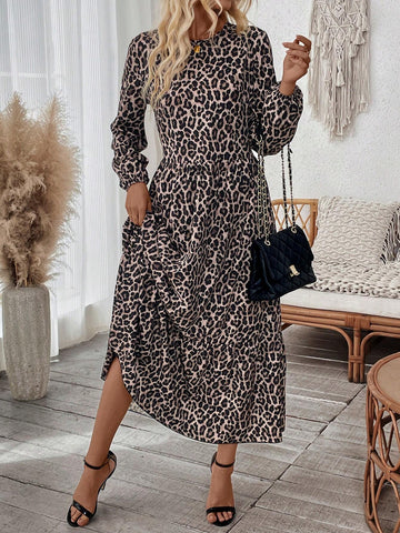 Women Leopard Print Round Neck Lantern Sleeve Ruffle Hem Dress, Spring Summer