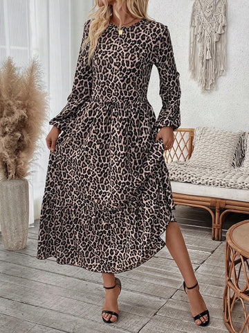 Women Leopard Print Round Neck Lantern Sleeve Ruffle Hem Dress, Spring Summer
