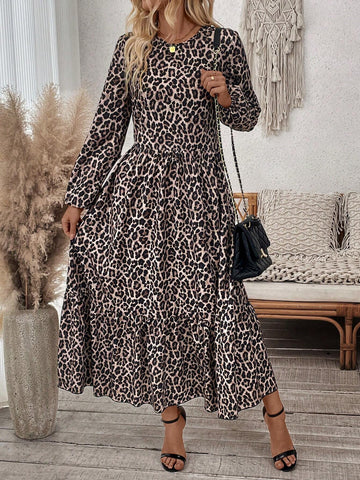 Women Leopard Print Round Neck Lantern Sleeve Ruffle Hem Dress, Spring Summer