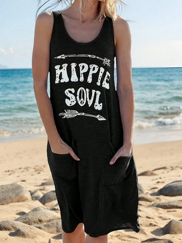 Women Letter Print Pocket Crew Neck Sleeveless Short Dress