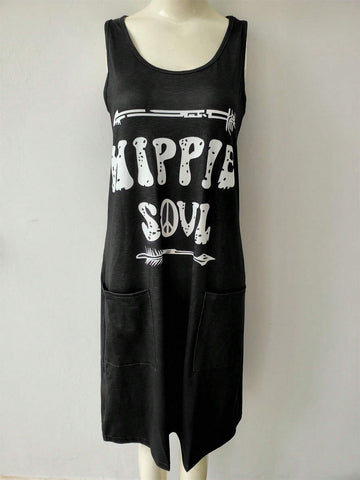 Women Letter Print Pocket Crew Neck Sleeveless Short Dress