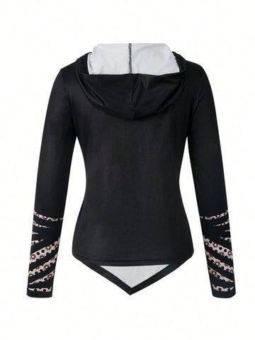 LUNE Women Life Tree Printed Irregular Hem Hooded Long Sleeve T-Shirt Spring Autumn