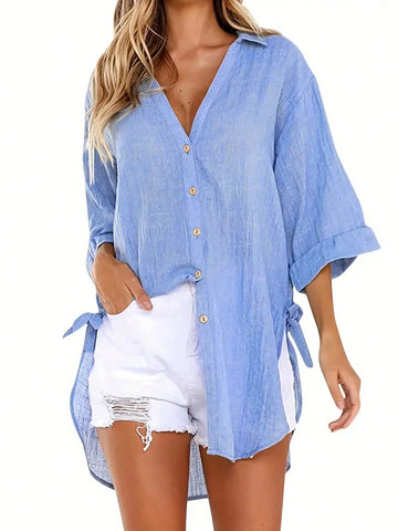 LUNE Women Loose-Fit Casual Side Knot Shirt With Off-The-Shoulder Sleeves For Summer