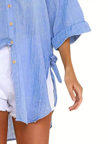 LUNE Women Loose-Fit Casual Side Knot Shirt With Off-The-Shoulder Sleeves For Summer