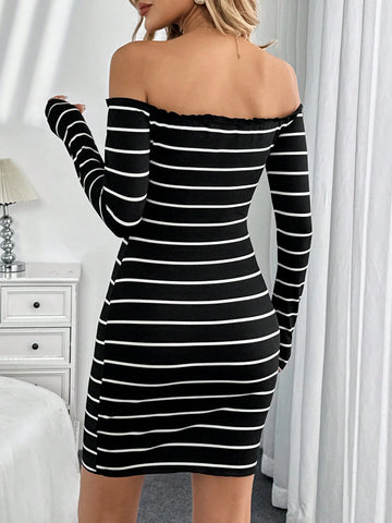 Women Off Shoulder Black & White Striped Long Sleeve Casual Street Style Short Dress, All Season