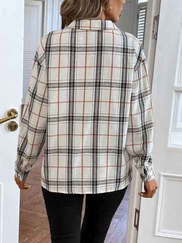 LUNE Women Oversized Plaid Long Sleeve Casual Shirt, Spring Autumn