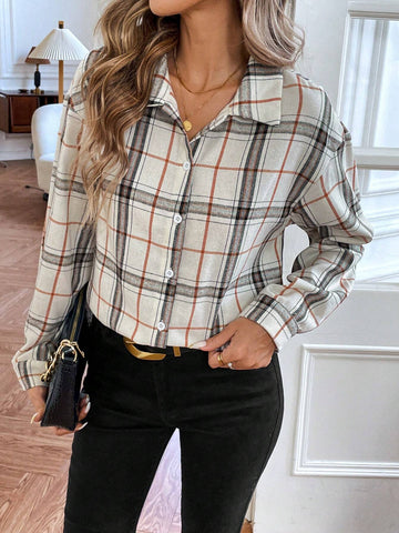 LUNE Women Oversized Plaid Long Sleeve Casual Shirt, Spring Autumn