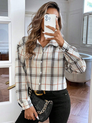 LUNE Women Oversized Plaid Long Sleeve Casual Shirt, Spring Autumn