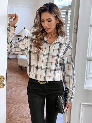 LUNE Women Oversized Plaid Long Sleeve Casual Shirt, Spring Autumn