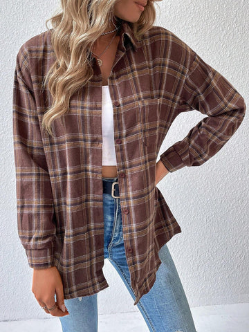 LUNE Women Plaid Dropped Shoulder Long Sleeve Casual/Work Shirt, Autumn