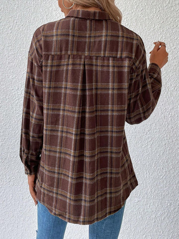 LUNE Women Plaid Dropped Shoulder Long Sleeve Casual/Work Shirt, Autumn