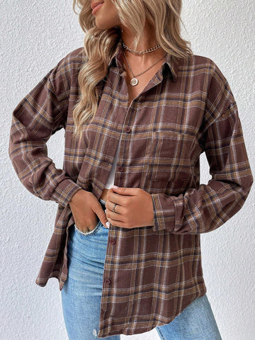 LUNE Women Plaid Dropped Shoulder Long Sleeve Casual/Work Shirt, Autumn