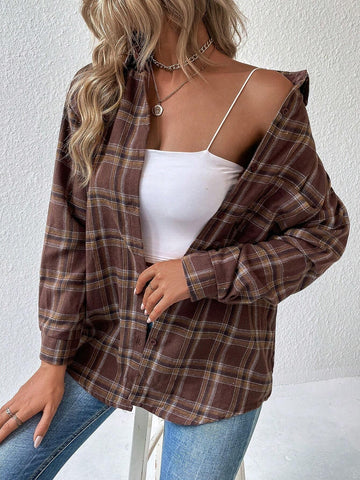 LUNE Women Plaid Dropped Shoulder Long Sleeve Casual/Work Shirt, Autumn