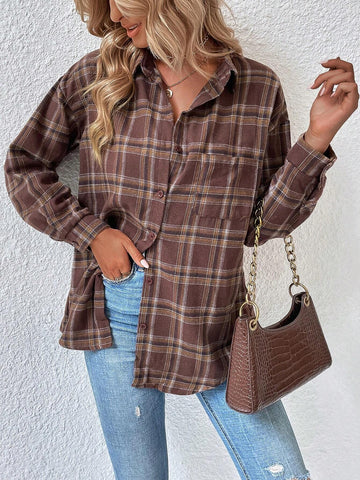 LUNE Women Plaid Dropped Shoulder Long Sleeve Casual/Work Shirt, Autumn