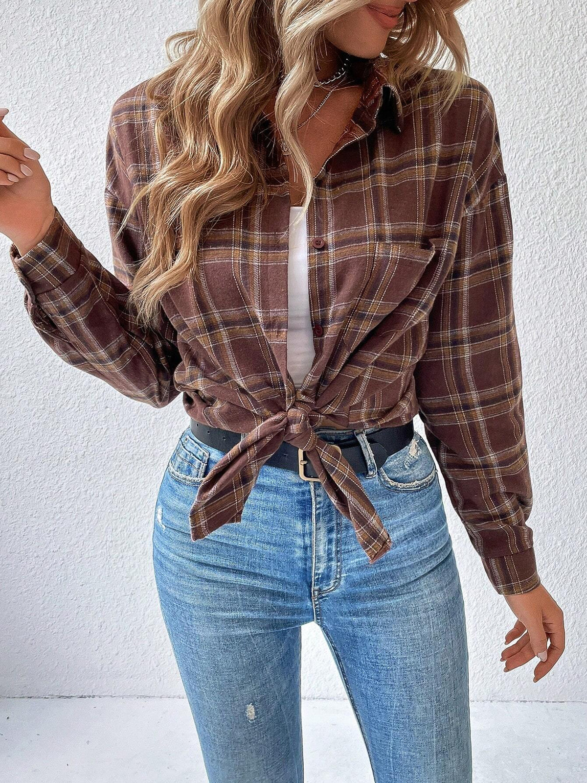LUNE Women Plaid Dropped Shoulder Long Sleeve Casual/Work Shirt, Autumn