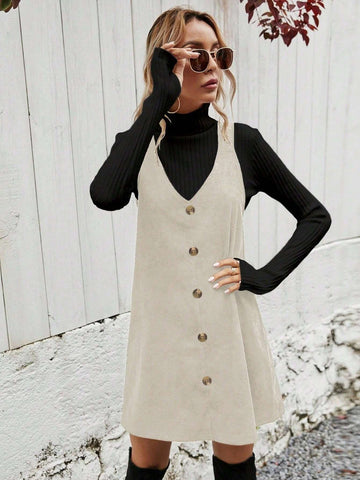 Women Plain Color Single-Breasted Loose Casual Strap Overall Dress