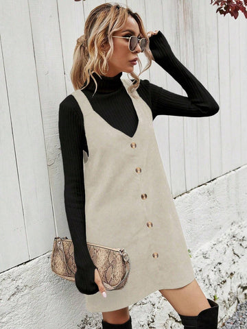 Women Plain Color Single-Breasted Loose Casual Strap Overall Dress