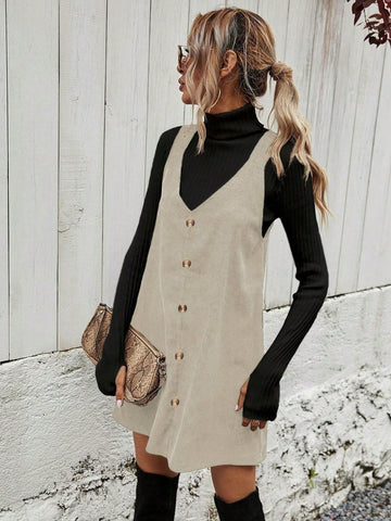 Women Plain Color Single-Breasted Loose Casual Strap Overall Dress