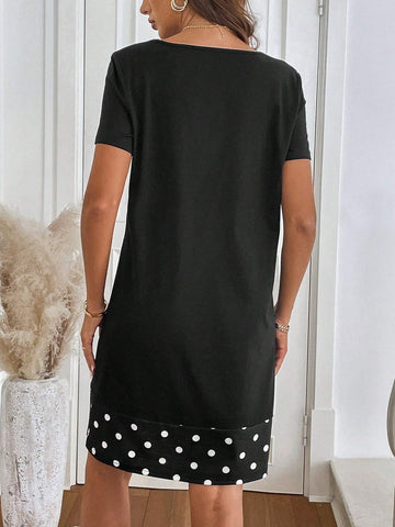 Women Polka Dot Print Round Neck Short Sleeve Casual Fashion Mini Dress