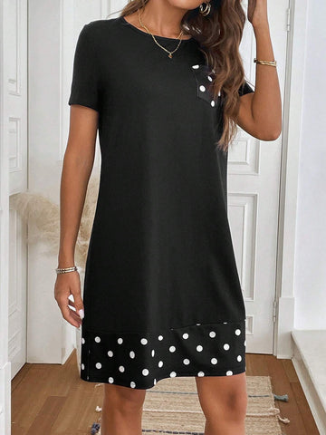 Women Polka Dot Print Round Neck Short Sleeve Casual Fashion Mini Dress