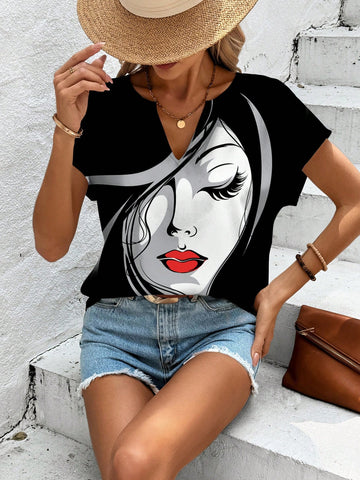 LUNE Women Portrait V Neck Shirt, Suitable For Spring And Summer