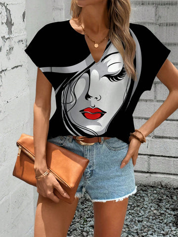 LUNE Women Portrait V Neck Shirt, Suitable For Spring And Summer